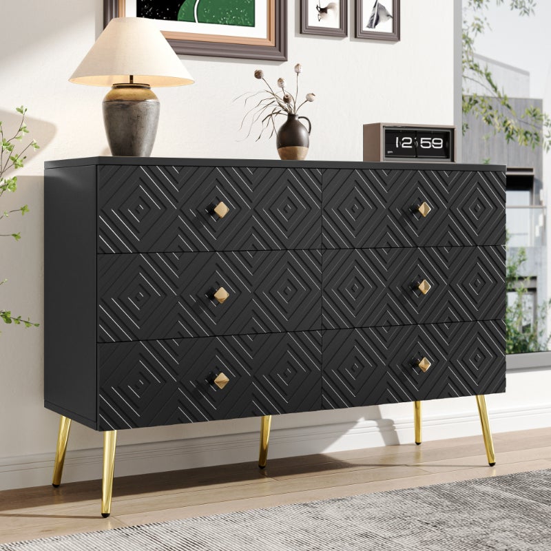 Nowoczesna komoda z 6 szufladami – 120x40x80 cm – Elegancki biały design ze złotymi metalowymi nogami – idealna do sypialni i salonu
