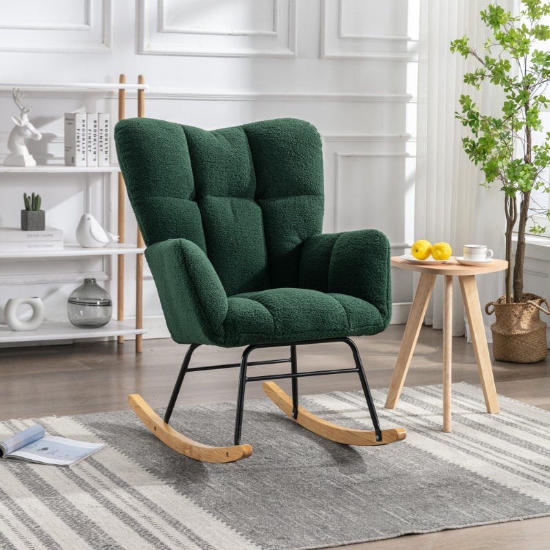 Nowoczesny fotel bujany w tkaninie Teddy z wyściełanymi podłokietnikami i pikowanym wzorem – idealny do salonu i sypialni