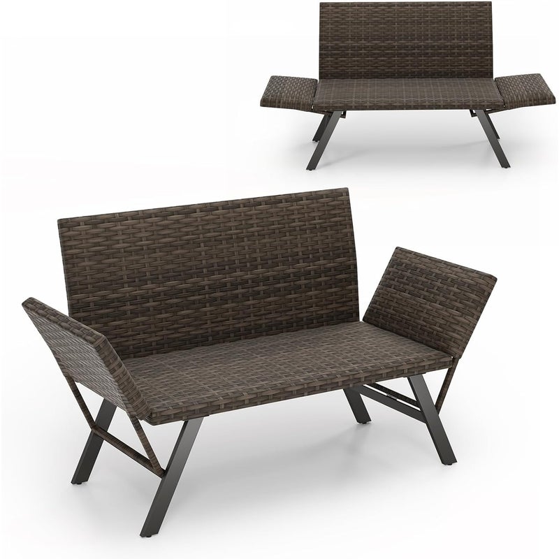 Ławka ogrodowa z polirattanu z funkcją leżenia, sofa ogrodowa z szybkoschnącą wyściółką piankową i regulowanymi podłokietnikami, na taras,