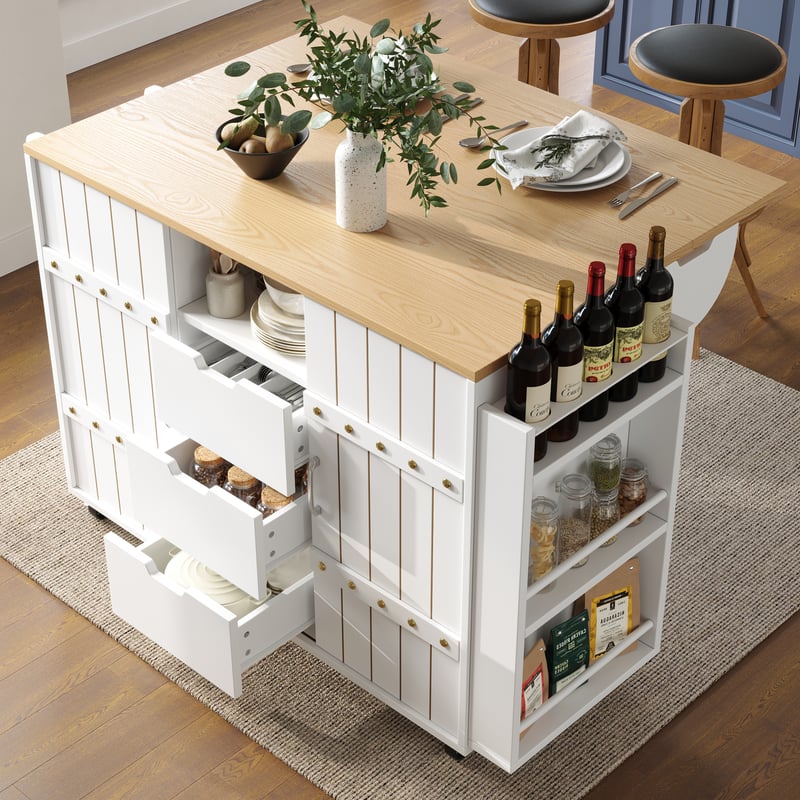 Mobilna wyspa kuchenna z 2 drzwiami przesuwnymi, 3 szufladami wewnątrz - Rozkładany blat - 110x42/70x90cm - MDF - Biały