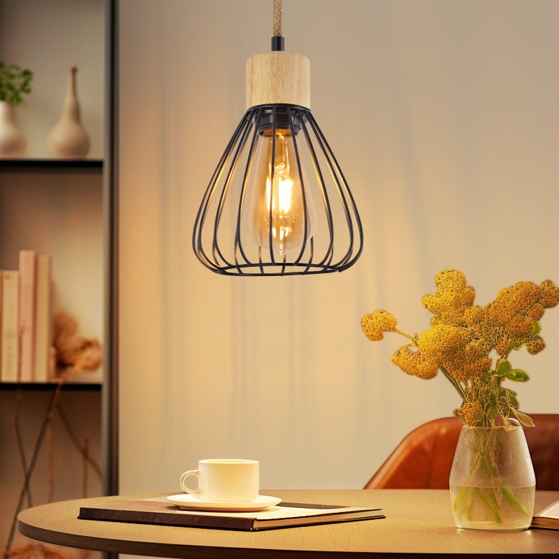 ZMH Wisząca lampa jadalnia czarny retro drewniany konopny sznur E27 wisząca lampa schody żyrandol