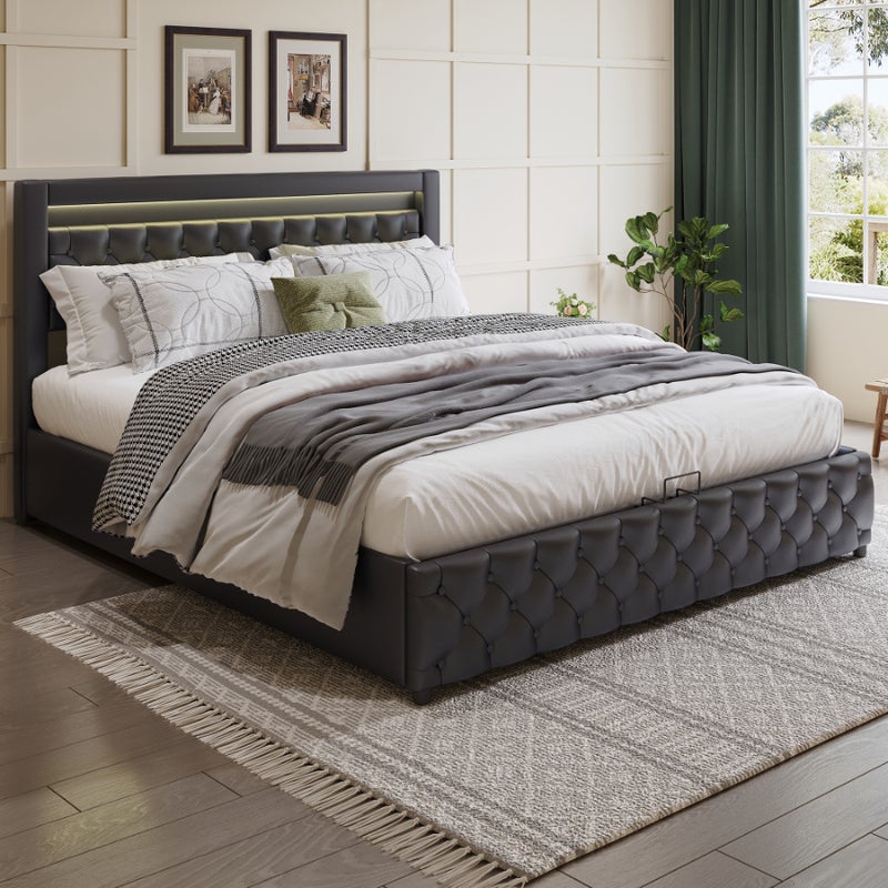 Łóżko podwójne 160 x 200 cm z zagłówkiem LED, duża przestrzeń do przechowywania, szuflady, materac listwowy, klasyczny design, czarny, PU