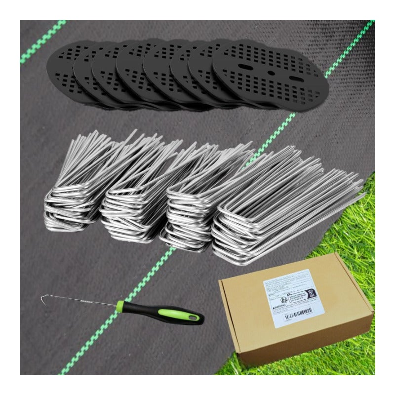 50 ocynkowanych gwoździ w kształcie litery U, Ø3 mm, szerokości 40 mm, długości 150 mm, z 50 podkładkami i 1 haczykiem na gwoździe