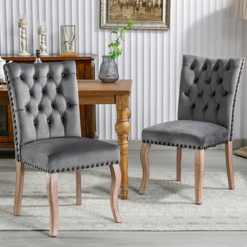 Krzesła do jadalni (2 krzesła kuchenne z pojedynczym oparciem), nogi z litego drewna, tapicerka welurowa, kolor szary