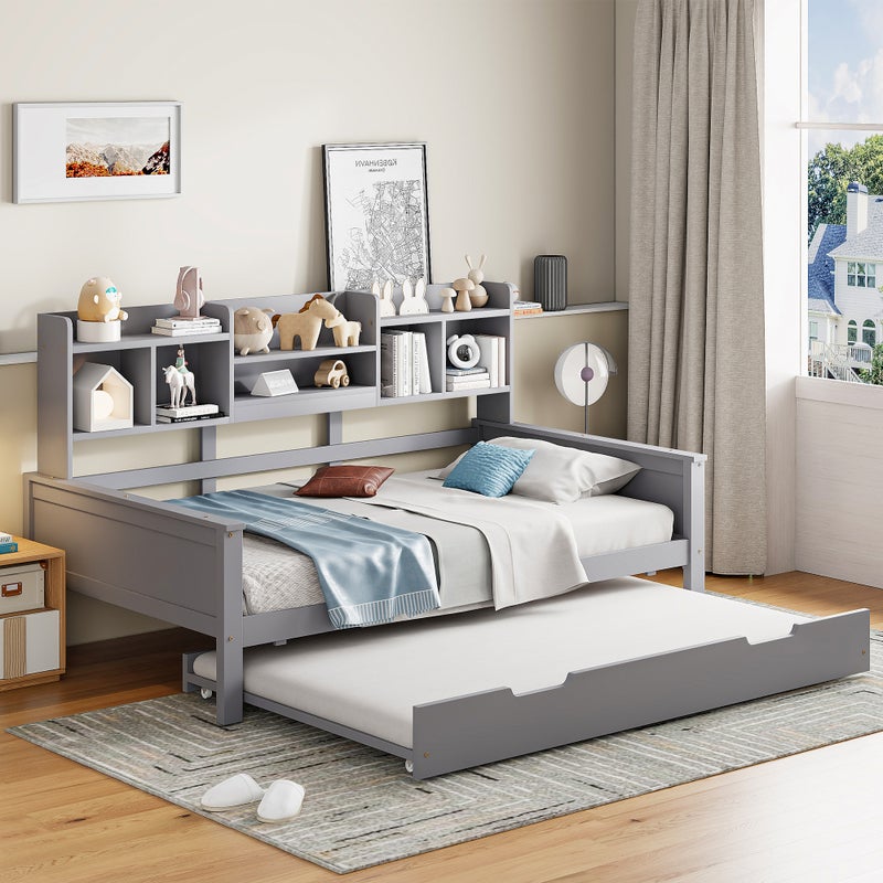 Łóżko wysuwane 90 x 200 cm + 90 x 190 cm z wezgłowiem i przegródkami, sofa rozkładana - Sosna + sklejka + MDF - Szary (Bez materaca)
