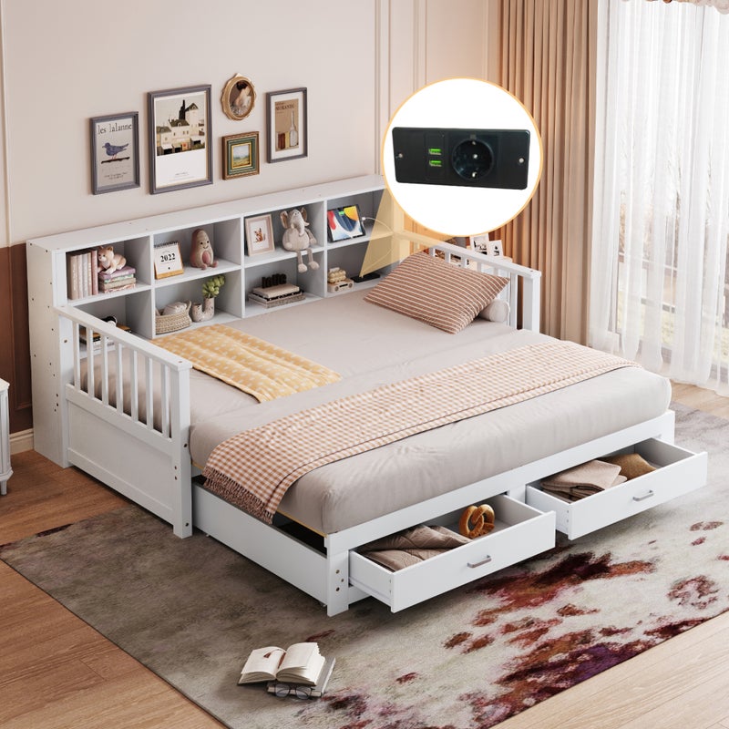 Łóżko wysuwane 90/180 x 190 cm z 2 szufladami i przegródkami, sofa rozkładana - sosna + sklejka + MDF - gniazda USB - białe (bez materaca)