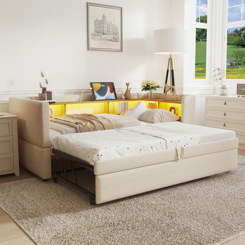 Łóżko wysuwane 90/180 x 190 cm z tapicerowanym zagłówkiem i schowkiem, sofa rozkładana - Tkanina flanelowa - Diody LED - Beżowy (Bez materaca)