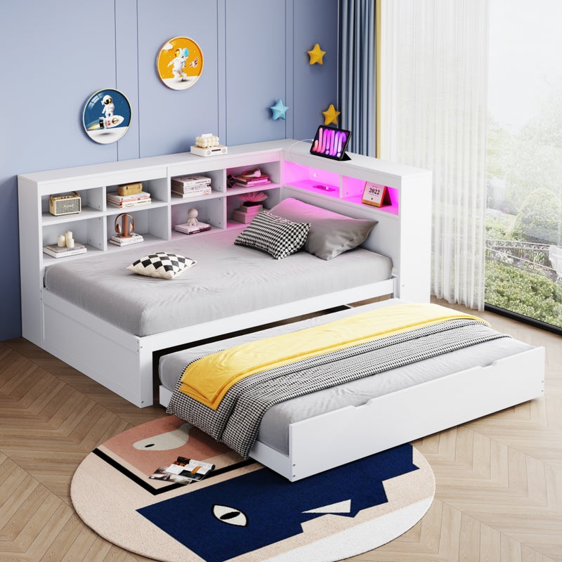 Łóżko wysuwane 90 x 200 cm + 90 x 190 cm z przegródkami, sofa rozkładana - Sosna + sklejka + MDF - Port USB i diody LED - Biały (Bez materaca)