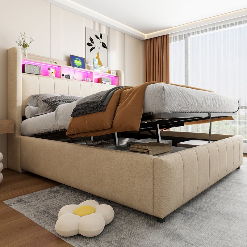 Łóżko ze schowkiem 140 x 200 cm z zagłówkiem i schowkiem - Port USB i diody LED - Tkanina lniana - Beżowy (bez materaca)