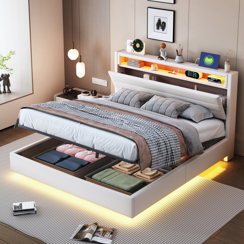Łóżko ze schowkiem 140 x 200 cm z zagłówkiem i schowkiem - Port USB i diody LED - Tkanina lniana - Beżowy (bez materaca)