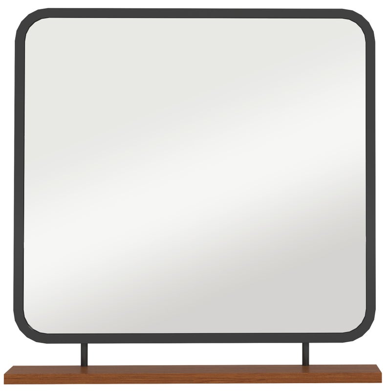 Lustro ścienne 55x55,5 cm z czarną drewnianą półką – dekoracyjne prostokątne lustro do przedpokoju, łazienki i sypialni