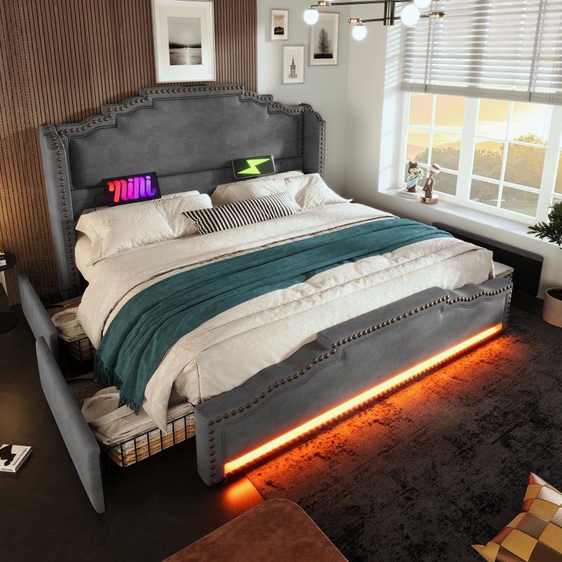 Łóżko tapicerowane 140 x 200 cm z wezgłowiem i 4 szufladami - Aksamit - LED-y i gniazda USB-C - Szare (bez materaca)