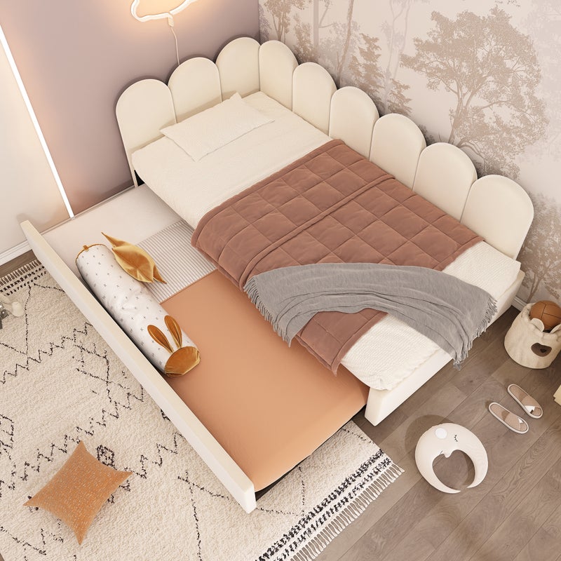 Łóżko wysuwane 90 x 200 cm + 90 x 190 cm z wezgłowiem i oparciem, sofa rozkładana - Aksamit - Stelaż metalowy - Beżowy (bez materaca)