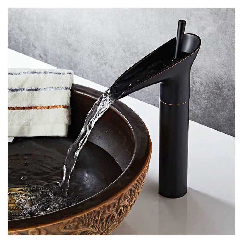 Czarny kran łazienkowy, kran wodospadowy, bateria umywalkowa jednouchwytowa w stylu retro, mosiężny kran łazienkowy na wysoki blat
