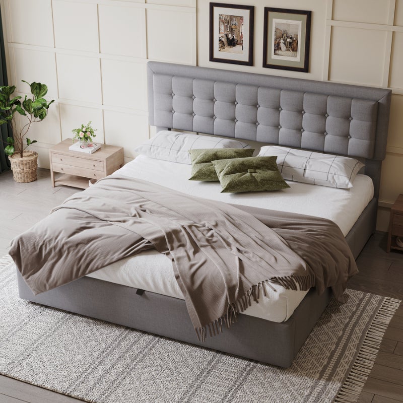 Łóżko tapicerowane hydraulicznie z 3 szufladami, 180 x 200 cm, szare, nowoczesny design z lnu, łóżko podwójne z praktycznym wsparciem