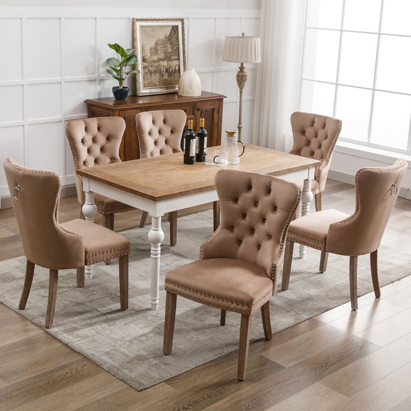 Krzesła do jadalni (krzesła kuchenne z pojedynczym oparciem, zestaw 6 szt.), nogi z litego drewna, tapicerka welurowa, kolor brązowy