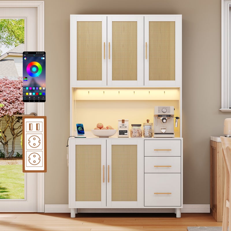 Komoda kuchenna z 5 drzwiami rattanowymi i 3 szufladami - 100 x 40 x 183 cm - MDF - 2 x USB, 2 x gniazdka i diody LED - biała