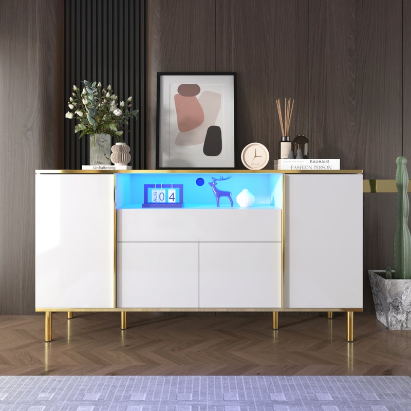 Komoda niska z 4 drzwiami i 1 szufladą - 150 x 40 x 80 cm - Płyta MDF + płyta wiórowa - Nogi metalowe w kolorze złotym - Biały połysk