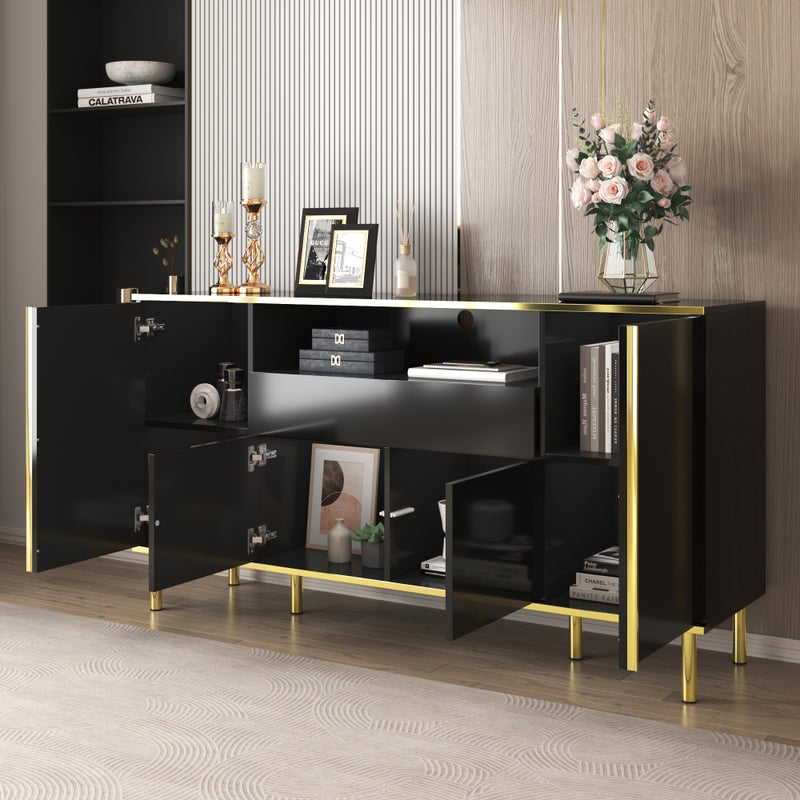 Komoda niska z 4 drzwiami i 1 szufladą - 150 x 40 x 80 cm - Płyta MDF + płyta wiórowa - Nogi metalowe w kolorze złotym - Czarny połysk