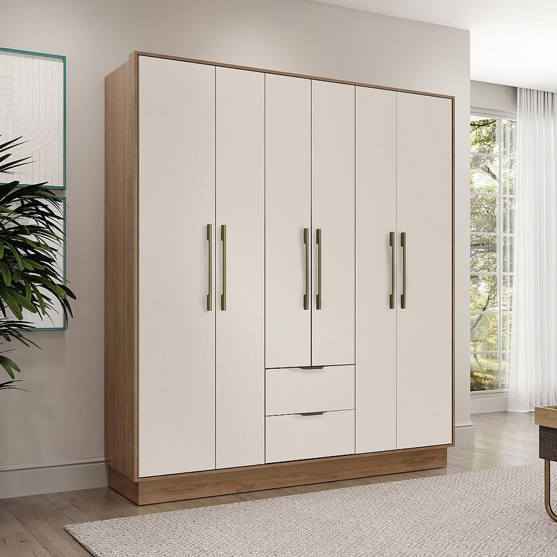 Szafa 6-drzwiowa z 2 szufladami - szer. 162 cm - Beżowy i naturalny - FEOVA