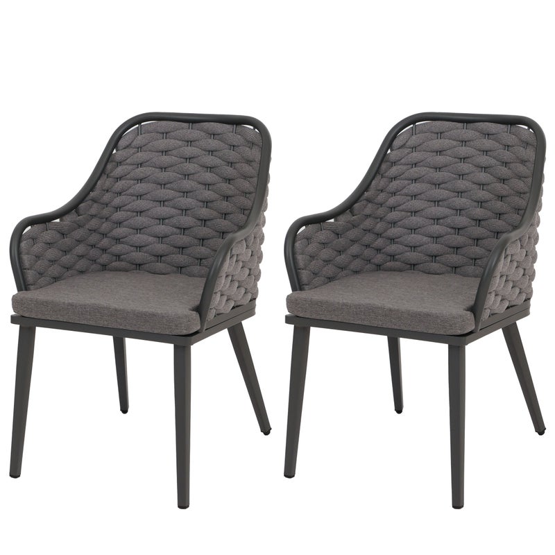 Zestaw 2 aluminiowych krzeseł ogrodowych HWC-O16, krzesło zewnętrzne, splot linowy Olefin (200 g/m²) Lina ~ antracyt Poduszka ciemnoszara