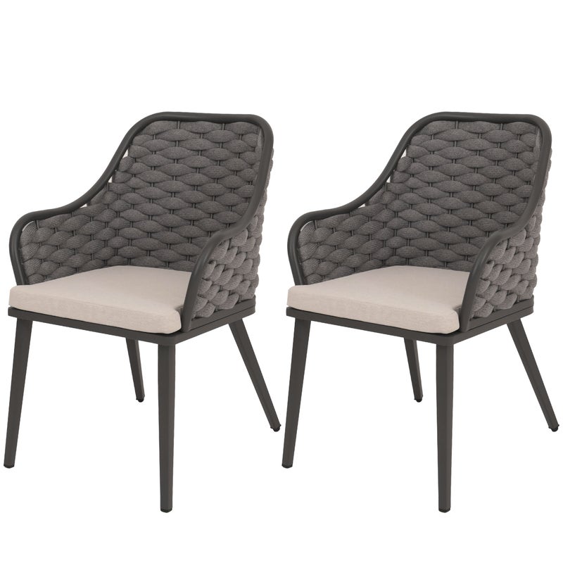 Zestaw 2 aluminiowych krzeseł ogrodowych HWC-O16, krzesło zewnętrzne, Olefin (200 g/m²) splot linowy Rope ~ antracyt poduszka taupe