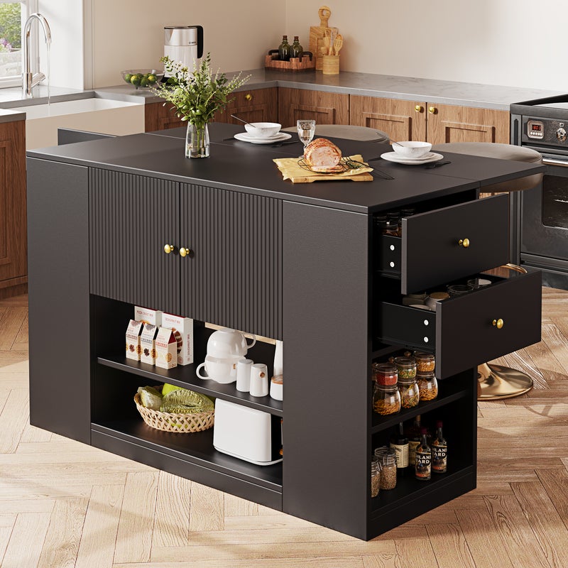 Wyspa kuchenna z 3 drzwiami, 2 szufladami i otwartymi przegródkami - Rozkładany blat - 140x40/70x90 cm - MDF - Czarny