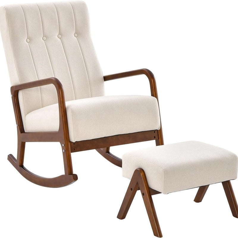 Fotel Bujany z Podłokietnikami z Rattanu, Wyściełaną Poduszką z Gąbki i Łukowatą Podstawą z Litego Drewna (65x97x104 cm, z Podnóżkiem, Beżowo-Brązowy)