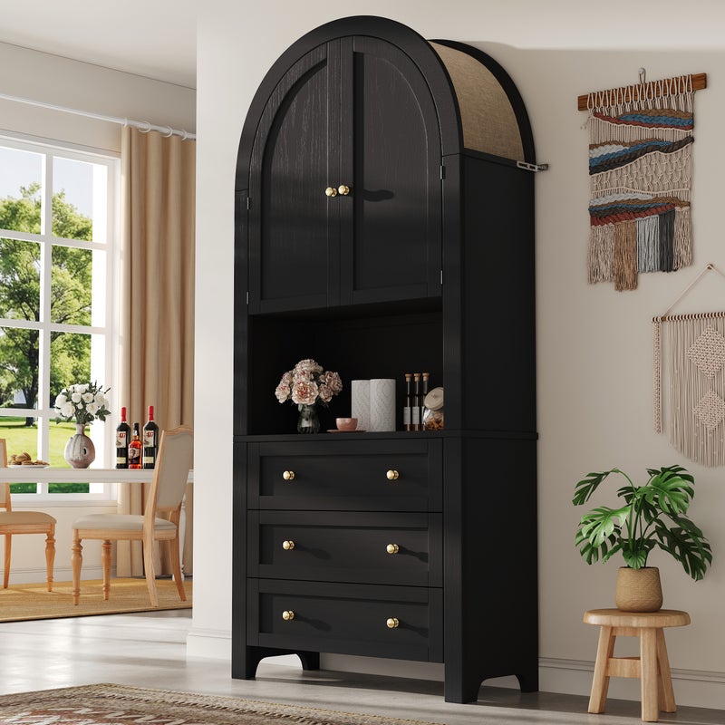 Komoda wysoka z 2 drzwiami łukowymi i 3 szufladami - 70 x 35 x 180 cm - MDF - Czarny