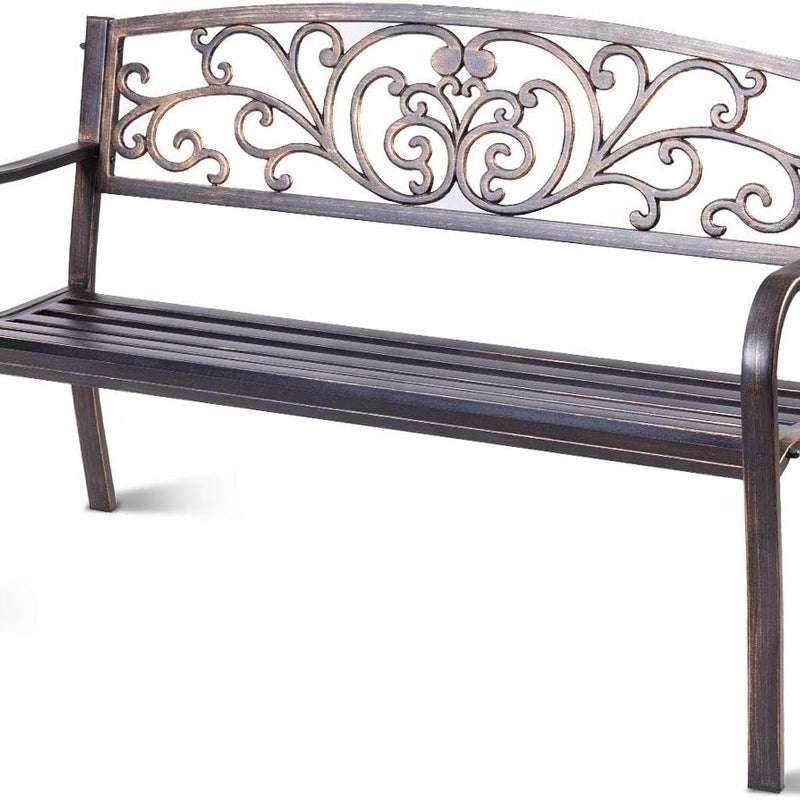 Ławka Ogrodowa na Taras, Siedzisko ze Stali i Oparcie z Żelaza, Elegancki i Szykowny Styl, Motyw Motyla, 126 x 60 x 85 cm (Brązowa)