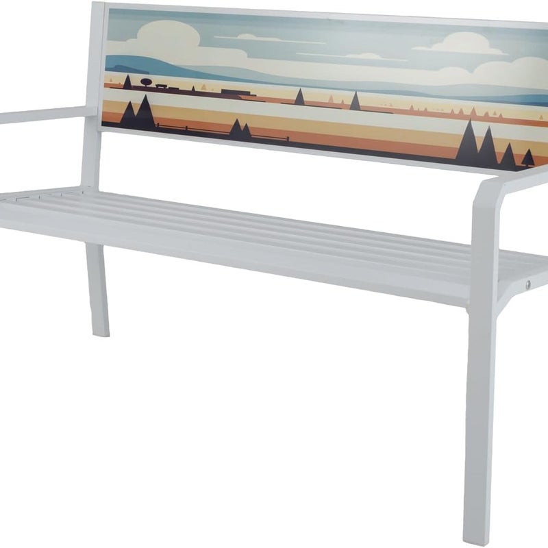 Metalowa Ławka Ogrodowa, Ławka z Listewkami dla 2 Osób z Ozdobnym Oparciem i Wygodnymi Podłokietnikami, Metalowa Konstrukcja