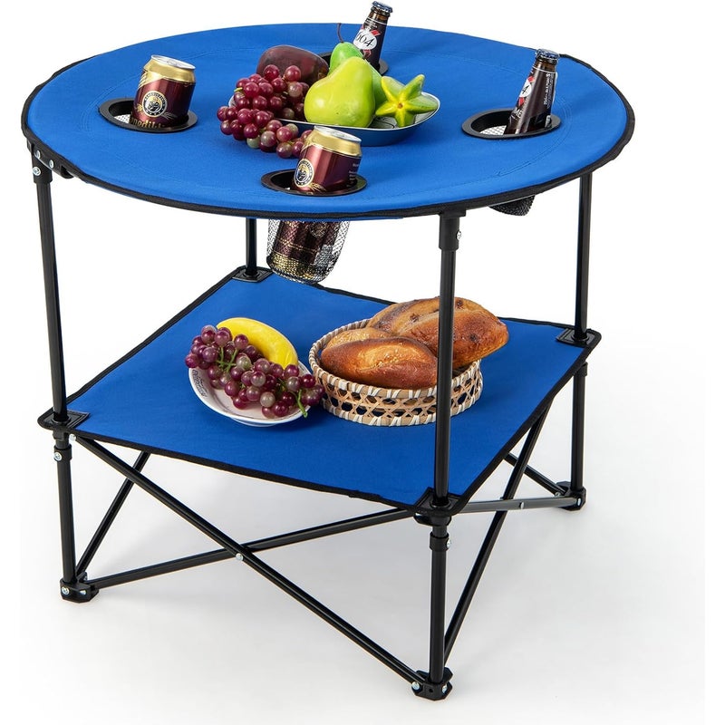 Składany Stół Kempingowy, Składany Stół Piknikowy z 4 Uchwytami na Kubki, Lekka i Przenośna Okrągła Regał z Torbą Transportową