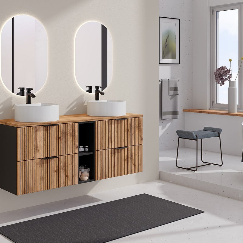 Szafka pod umywalkę wisząca ryflowana z wnękami - Naturalny jasny - szer. 140 cm - MADELA