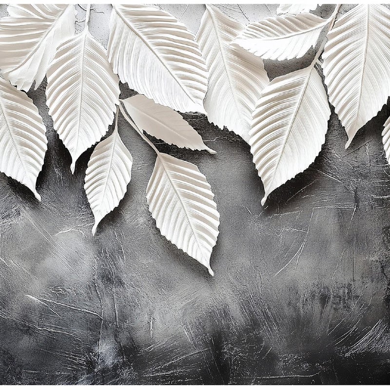 Fototapeta Białe Liście na Betonie Loft 350x250 cm Tapeta Do Sypialni Salonu Kuchni Na Flizelinie