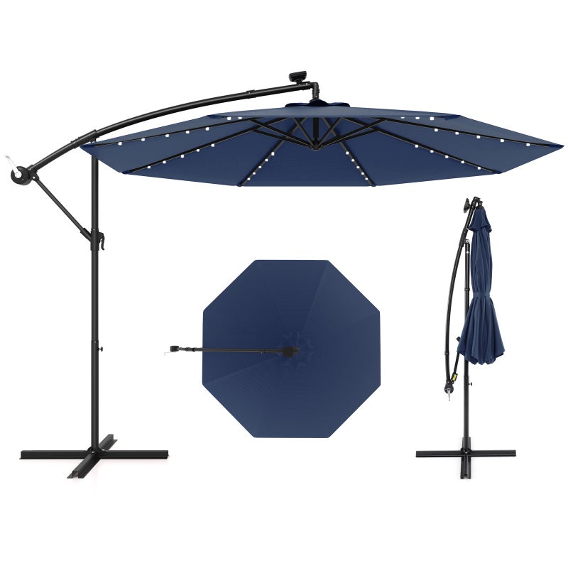 Parasol przeciwsłoneczny, 300 cm, z 40 solarnymi diodami LED i korbą, parasol ogrodowy, parasol na taras, do ogrodu, na basen, taras (granatowy)