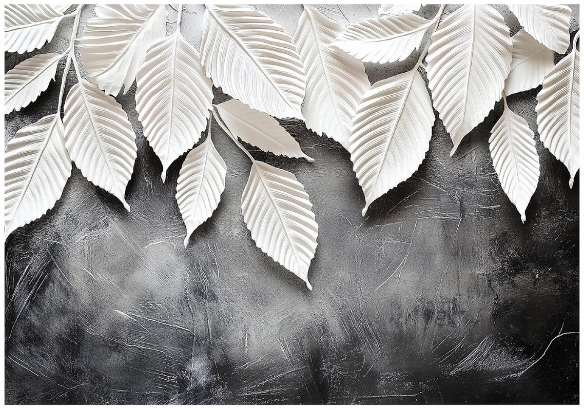 Fototapeta Białe Liście na Betonie Loft 250x175 cm Tapeta Do Sypialni Salonu Kuchni Na Flizelinie