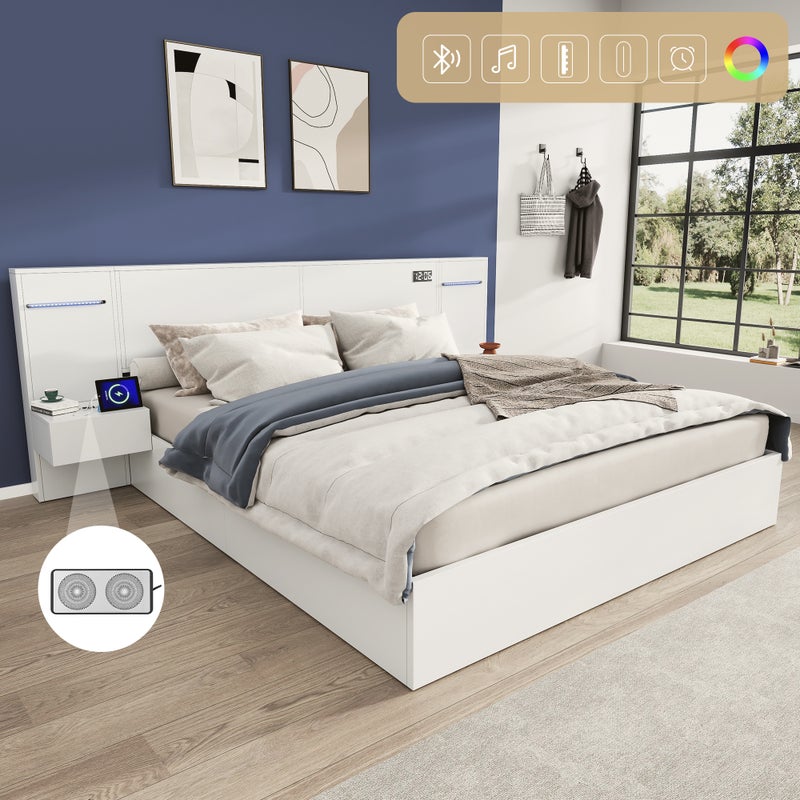 Łóżko małżeńskie 160 x 200 cm z 2 szafkami nocnymi i dużym zagłówkiem - MDF - gniazdo USB - białe (bez materaca)