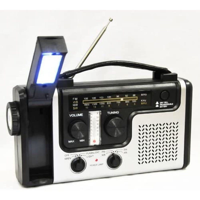Radio awaryjne AM/FM/NOAA z korbką zasilane energią słoneczną, z latarką, lampką do czytania LED, ładowarką do telefonu komórkowego z adapterem USB.