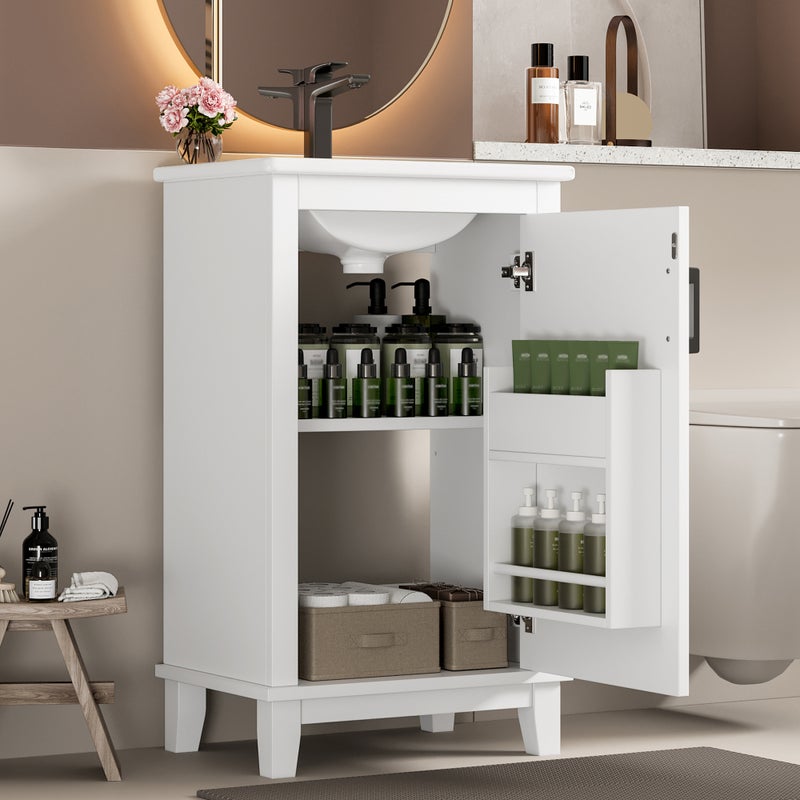 Szafka łazienkowa pod pojedynczą umywalkę z 1 drzwiami - 48 x 33 x 83 cm - MDF i umywalka ceramiczna - Biała