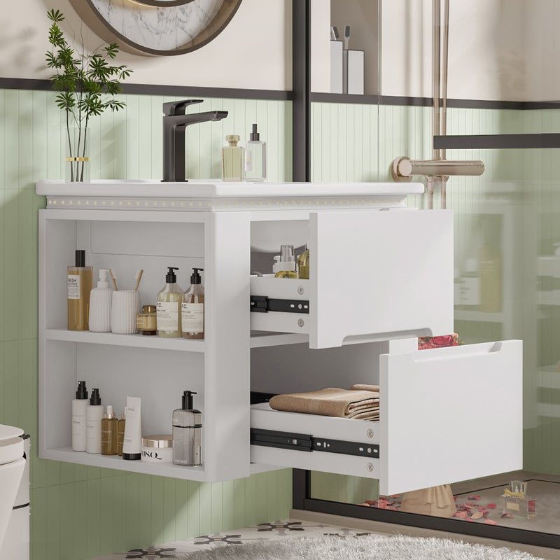 Szafka łazienkowa wisząca z pojedynczą umywalką - 2 szuflady i półki boczne - 60x46x48,5 cm - umywalka MDF i ceramiczna - diody LED - biała