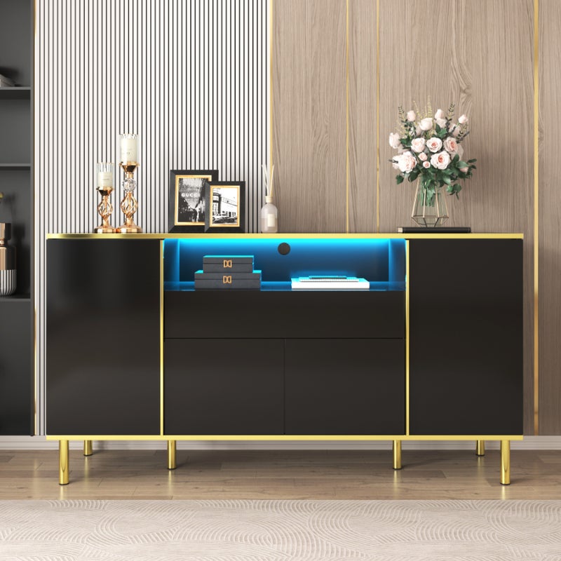 Elegancka komoda z połyskiem i oświetleniem LED, czarna, 1 szuflada i 4 drzwi, nowoczesny i praktyczny design do sypialni i salonu