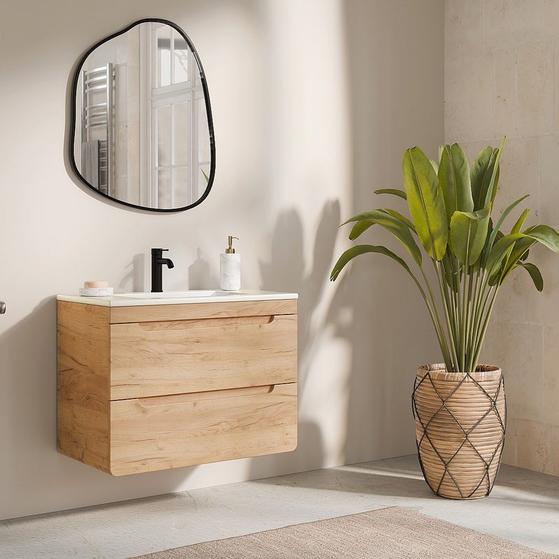 Szafka łazienkowa wisząca z umywalką wpuszczaną w blat - Naturalny - 80 cm - ARUBA