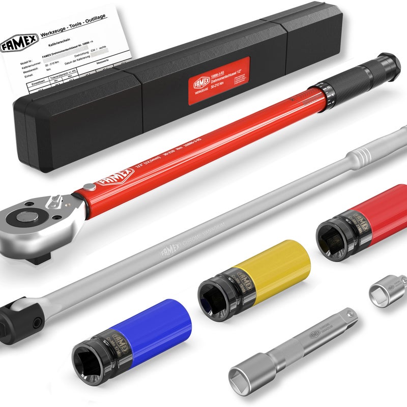 FAMEX 10914 Klucz dynamometryczny 1/2 cala 30–210 Nm – Zestaw do wymiany kół z kluczem przegubowym do odkręcania (ok. 630 Nm)