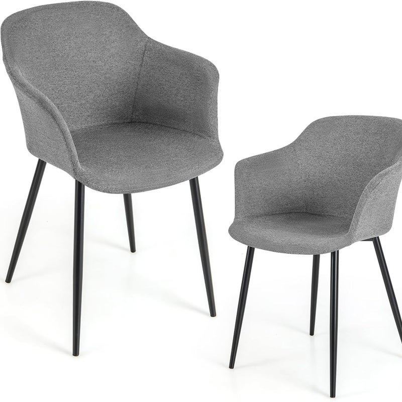 Zestaw 2 Krzeseł do Jadalni, Tapicerowane Krzesła Kuchenne z Metalowymi Nóżkami Antypoślizgowymi (Ciemnoszare)
