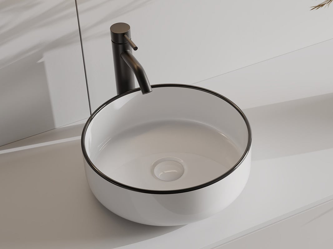 Umywalka nablatowa okrągła z ceramiki - Biały z czarnym brzegiem - 36 cm - LENISO II