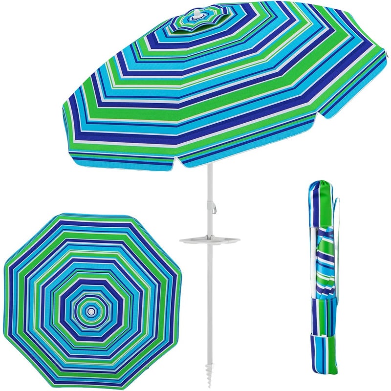 Parasol Plażowy 2,2 m, Parasol z Uchylną Czaszą i Uchwytem na Kubek, Parasol Ogrodowy na Taras z Ochroną Przeciwsłoneczną, Wys. 173 cm, Zielony