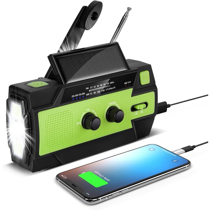 Zielone, przenośne radio solarne z korbką, ładowalne radio z dynamem, z AM/FM/WB, wbudowany akumulator 4000 mAh, 4 tryby pracy, latarka LED, alarm SO