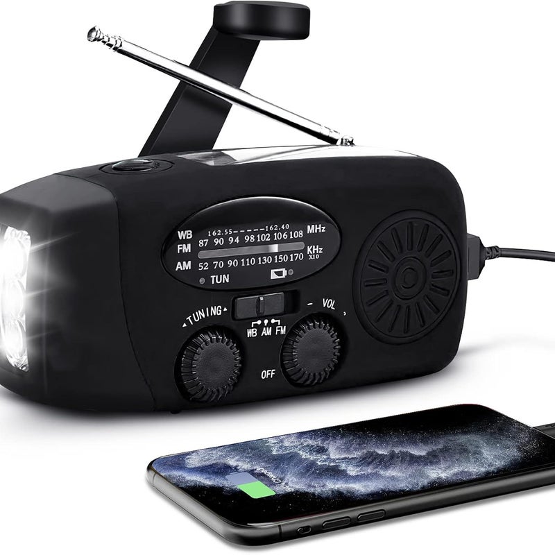Przenośne radio solarne, ręczne radio AM/FM/NOAA z własnym zasilaniem, radio pogodowe na dynamo, urządzenie awaryjne z latarką 3-LED i ładowarką do t