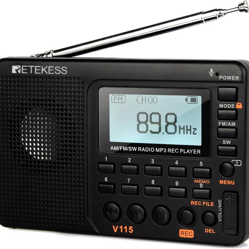 (Czarny) przenośny radioodbiornik V115, małe radio z możliwością ładowania, FM AM SW, zasilanie bateryjne i sieciowe, karta TF, rejestrator, MP3, tim