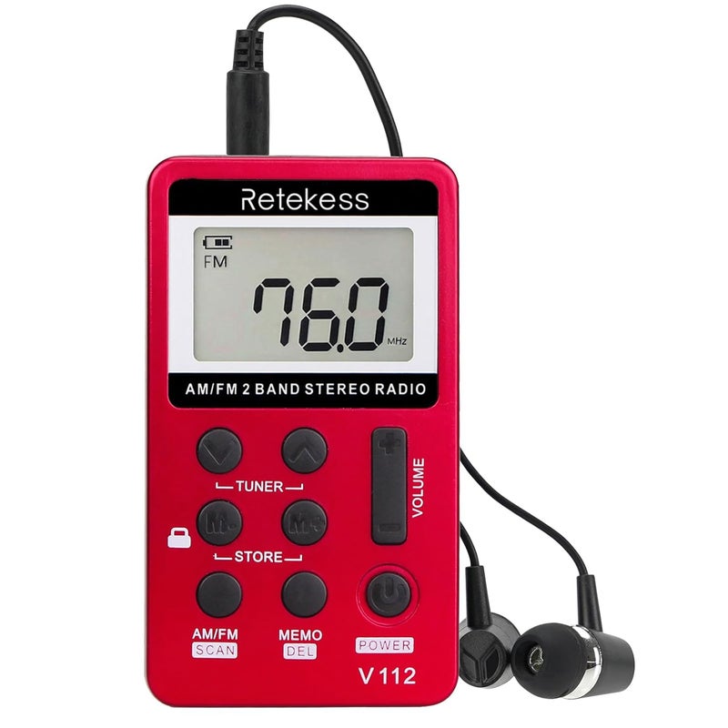 (Czerwony) V112 Mini Radio Przenośne, Kieszonkowe Radio Przenośne, FM/AM, Mini Walkman z Akumulatorem, Budzik, Gniazdo Słuchawkowe 3,5 mm, Do Użytku